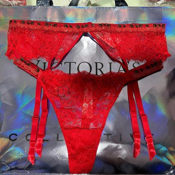 Victoria's Secret Cherry Shine Strap Lace Garter Belt and Thong - Picture 1 of 5